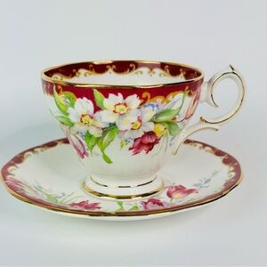 Bell Floral Teacup and Saucer Set Red with Gold Trim Fine Bone China